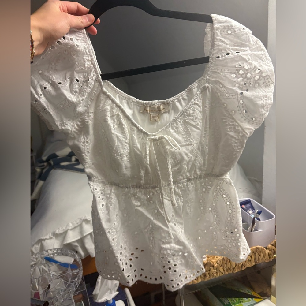 Eyelet cutout puff sleeve top